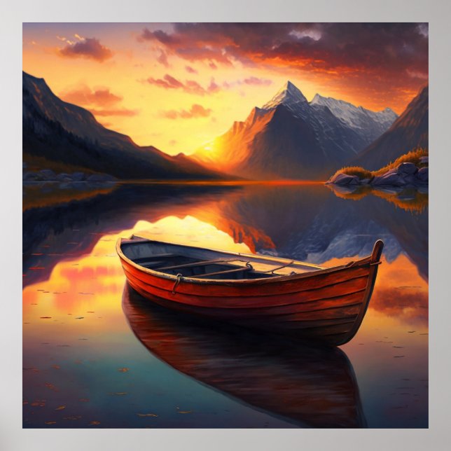 Sunset Boat on Lake with Mountain Backdrop Poster (Front)