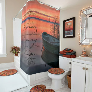 Sunset boat with serenity prayer shower curtain