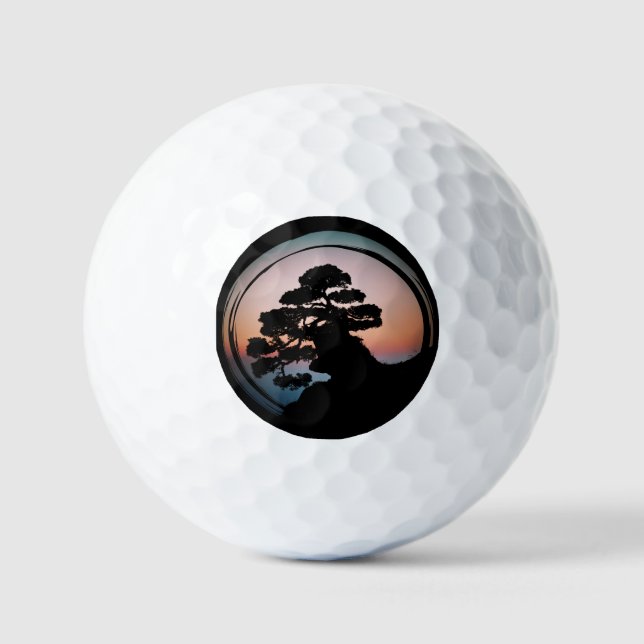 Sunset Bonsai Tree Ceramic Tile Desk Organiser Gol Golf Balls (Front)