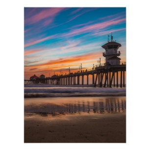 Sunset by Huntington Beach Pier in California Poster