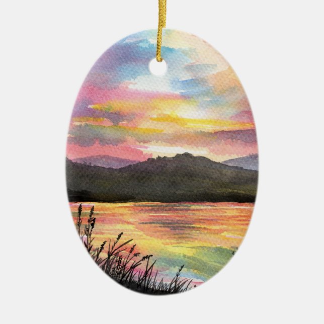 Sunset by the Lake Ceramic Ornament (Front)