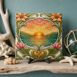 Sunset by the Sea Art Nouveau Ceramic Tile