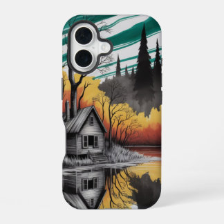 Sunset Cabin Reflection – Moody Nature Landscape iPhone 16 Case