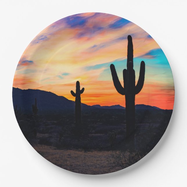 Sunset Cactus Desert Dusk Paper Plate (Front)