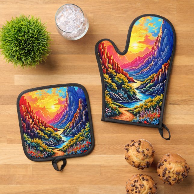  Sunset Canyon River Art Oven Mitt & Pot Holder Set (Top Down)