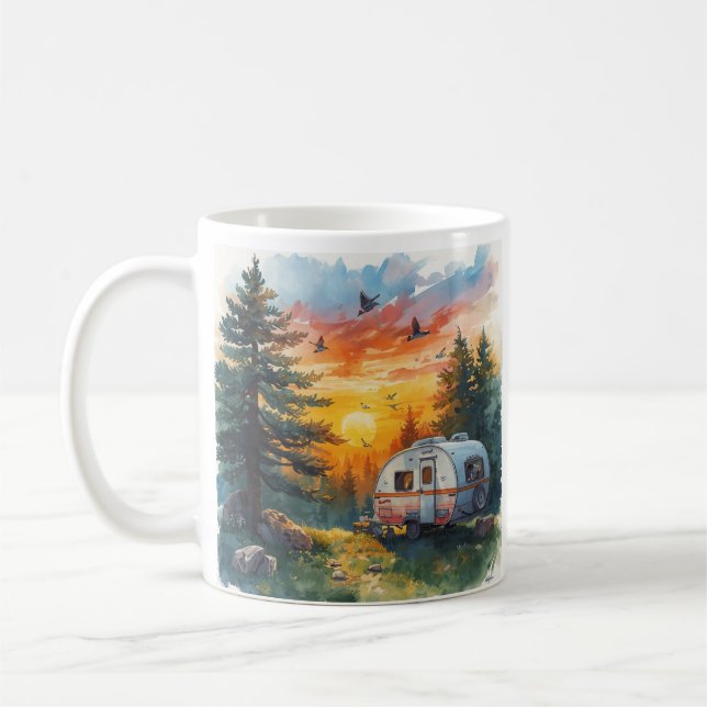 Sunset Caravan Camping Illustration Mug (Left)