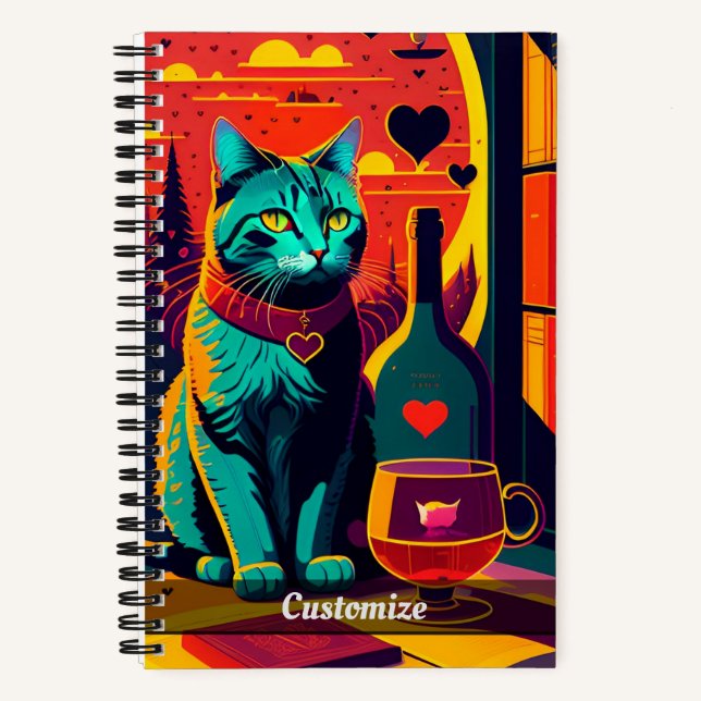 Sunset Cat Books And Wine Custom Notebook (Front)