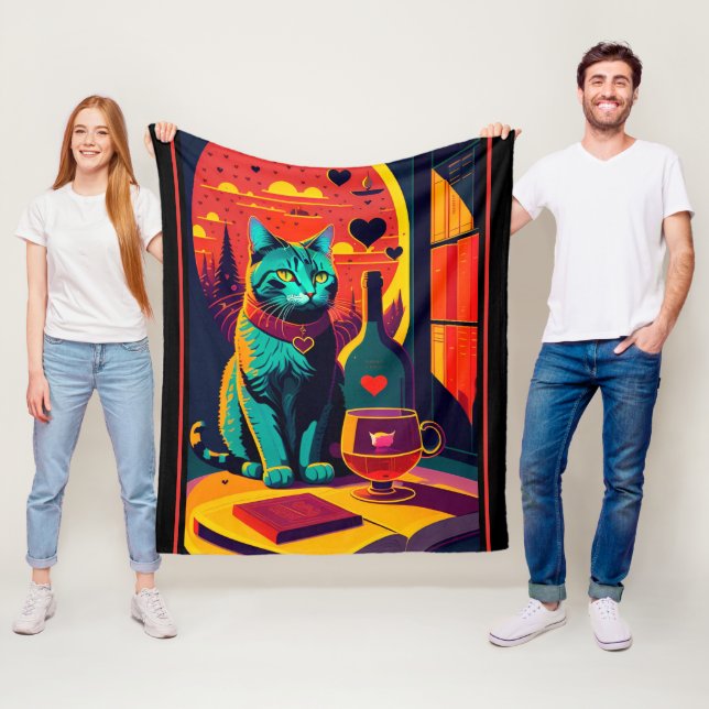 Sunset Cat Books And Wine Fleece Blanket (In Situ)