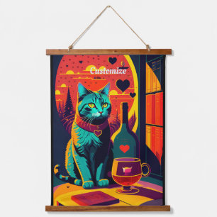 Sunset Cat Books And Wine Hanging Tapestry