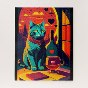 Sunset Cat Books And Wine Jigsaw Puzzle