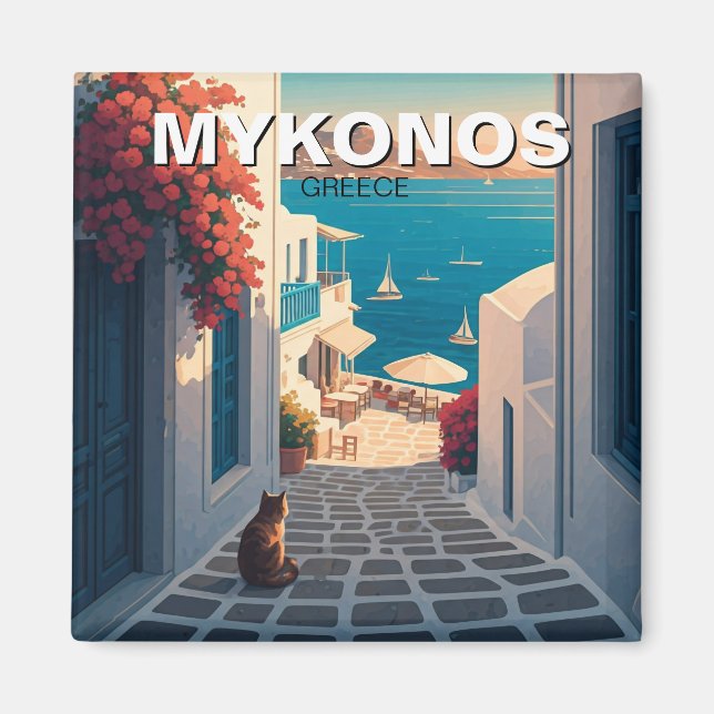 Sunset Cat in Mykonos Greece Cyclades Travel Magnet (Front)