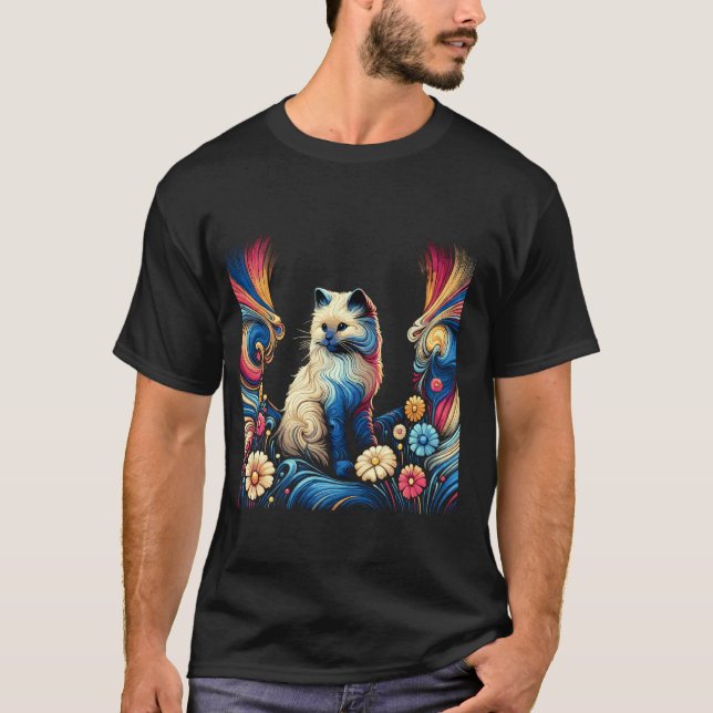 Sunset Cat in Wildflower Meadow Vector Art T-Shirt (Front)