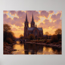 Sunset Cathedral River Impressionist Oil Painting