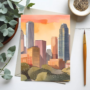 Sunset Cityscape City Skyline Watercolor Postcard