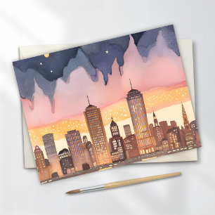Sunset Cityscape   Watercolor Painting Postcard