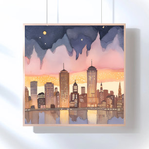 Sunset Cityscape Watercolor Painting Poster