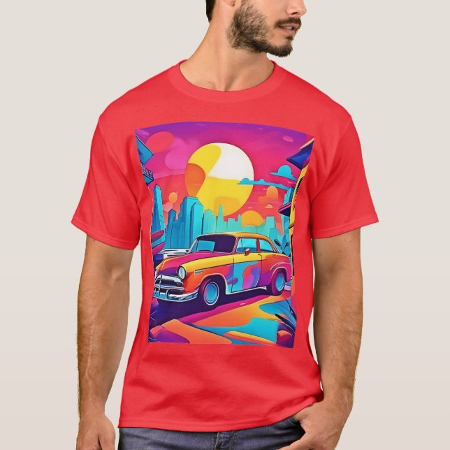 Sunset Classic Car Cityscape T-Shirt (Front)