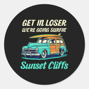 Sunset Cliffs California Surf Girl Women Men Vinta Classic Round Sticker