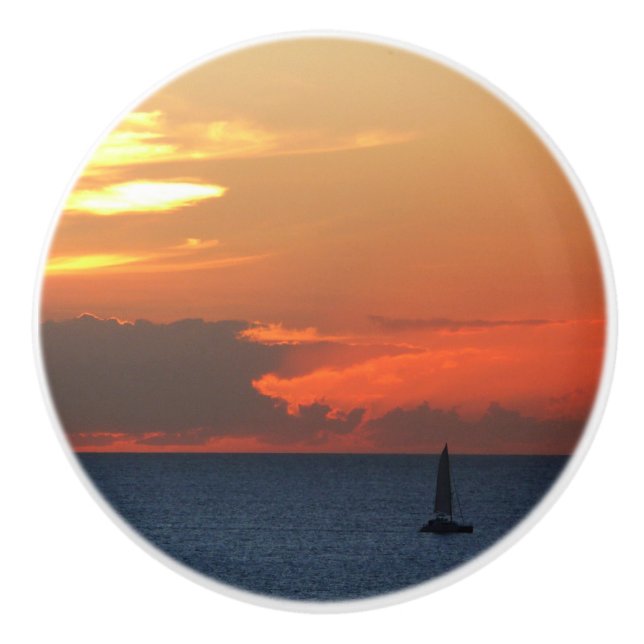 Sunset Clouds and Sailboat Seascape Ceramic Knob (Front)
