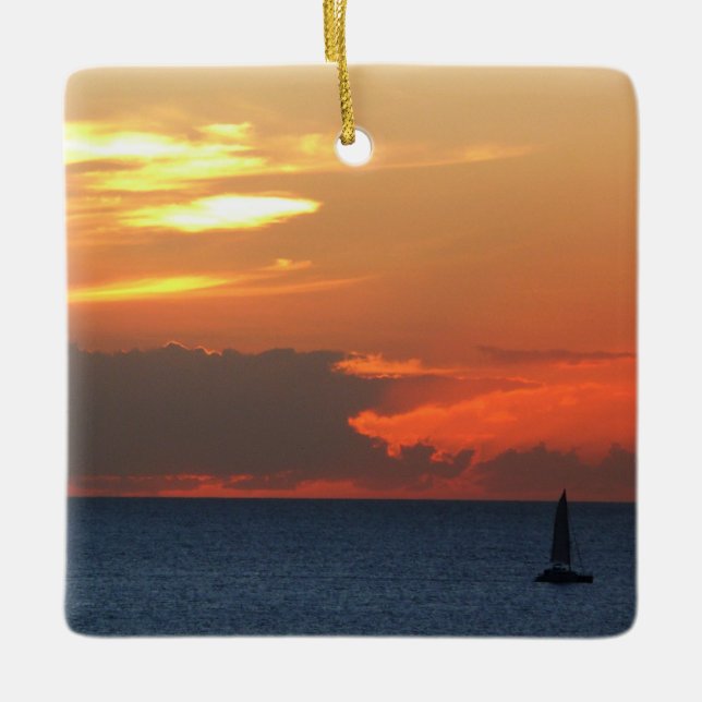 Sunset Clouds and Sailboat Seascape Ceramic Tree Decoration (Front)