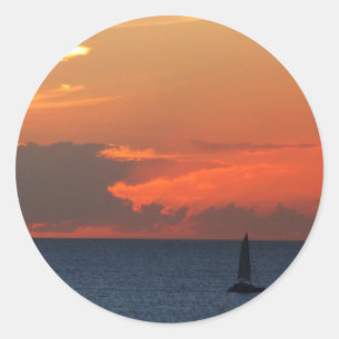 Sunset Clouds and Sailboat Seascape Classic Round Sticker