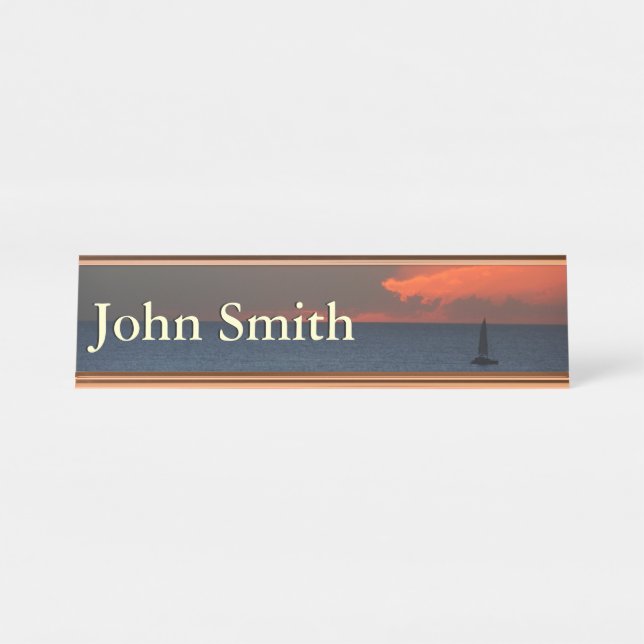 Sunset Clouds and Sailboat Seascape Desk Name Plate (Front)