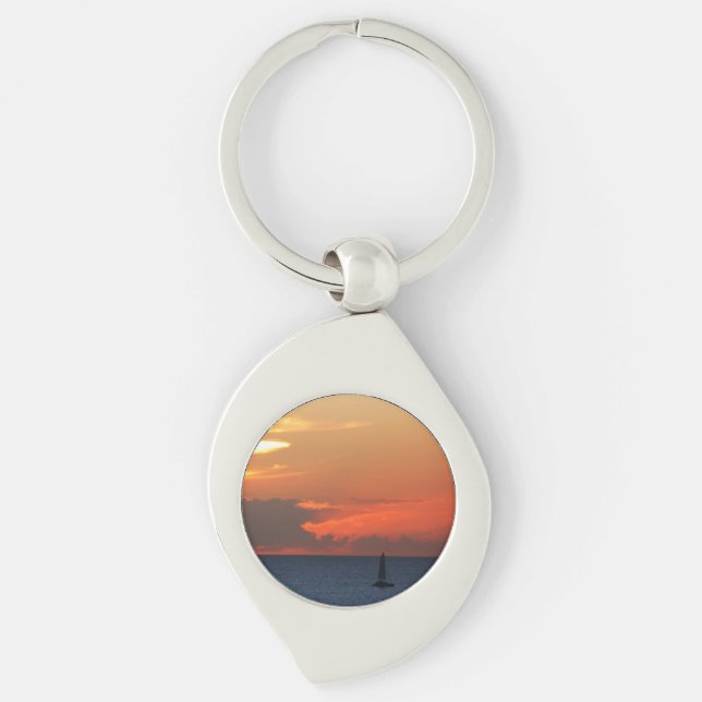 Sunset Clouds and Sailboat Seascape Key Ring (Front)