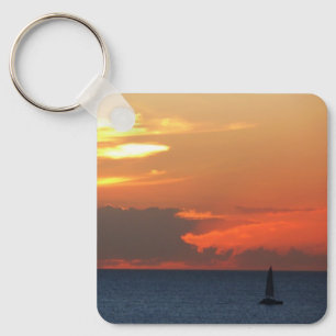 Sunset Clouds and Sailboat Seascape Key Ring