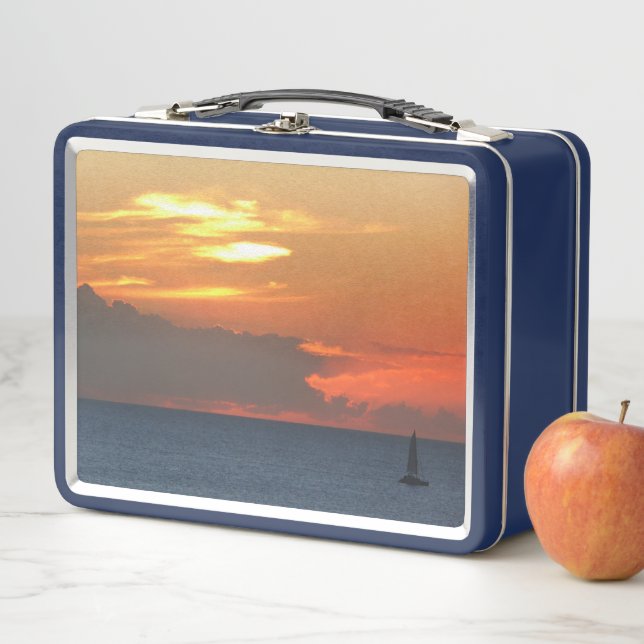 Sunset Clouds and Sailboat Seascape Metal Lunch Box (In Situ)
