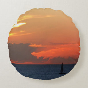 Sunset Clouds and Sailboat Seascape Round Cushion