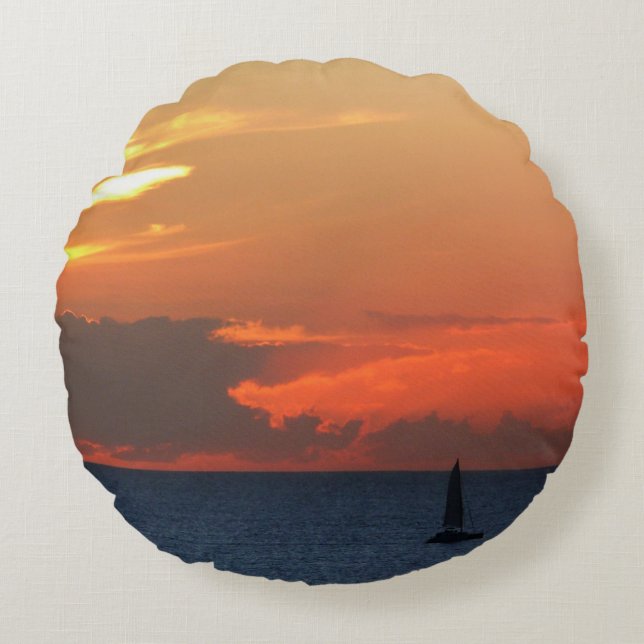 Sunset Clouds and Sailboat Seascape Round Cushion (Front)