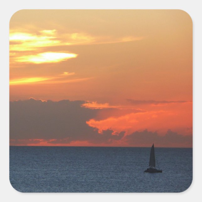 Sunset Clouds and Sailboat Seascape Square Sticker (Front)