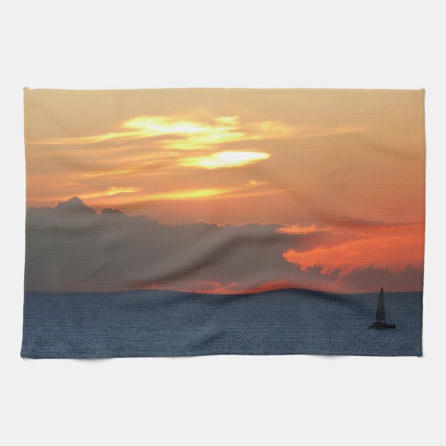 Sunset Clouds and Sailboat Seascape Tea Towel (Horizontal)