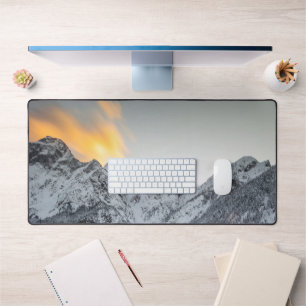 Sunset clouds over mountains at Lake Fusine, Italy Desk Mat