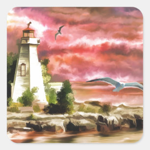 Sunset Coastal Lighthouse Square Sticker