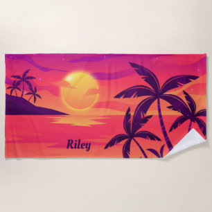 Sunset Coastal Palm Trees Personalised Beach Towel