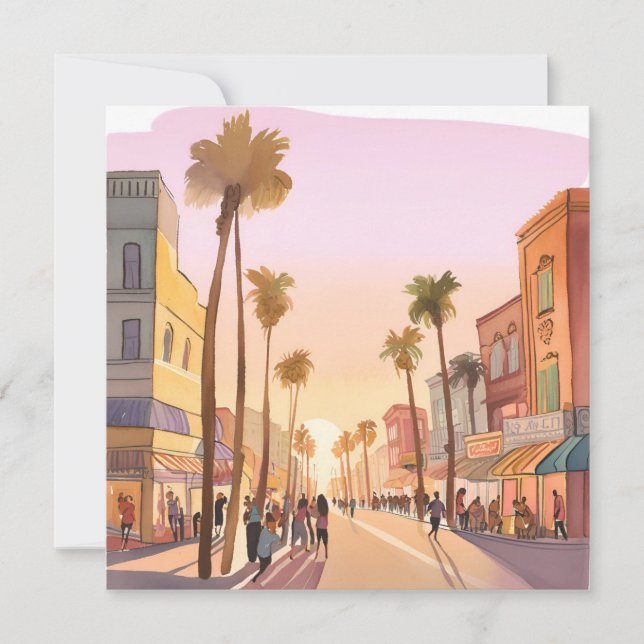 Sunset Coastal Town | Palm Tree Coastal Watercolor Card (Front)