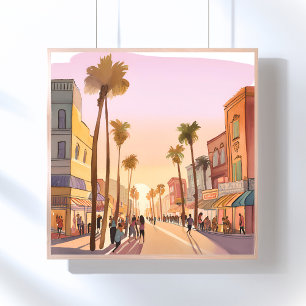 Sunset Coastal Town Palm Tree Coastal Watercolor Poster