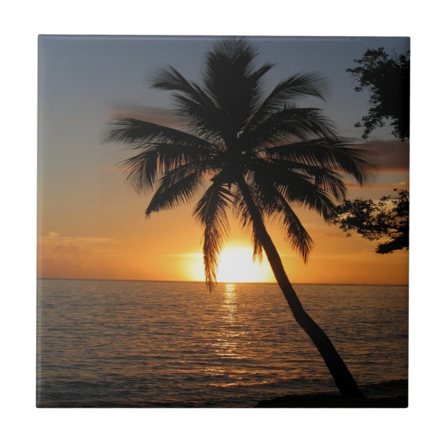 Sunset coconut palm tree Fiji peace and joy Ceramic Tile (Front)