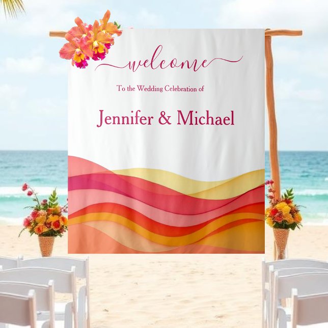 Sunset Colour Waves Modern Wedding Sign Tapestry (Sunset Color Waves Modern Wedding Sign Tapestry)