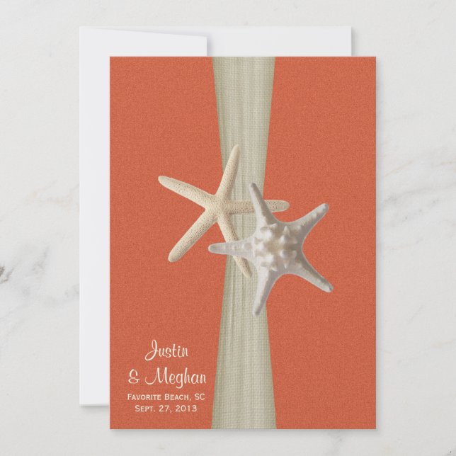 Sunset Coral and Starfish Beach Wedding Invitation (Front)