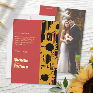 Sunset Coral Sunflower Photo Wedding Thank You Card