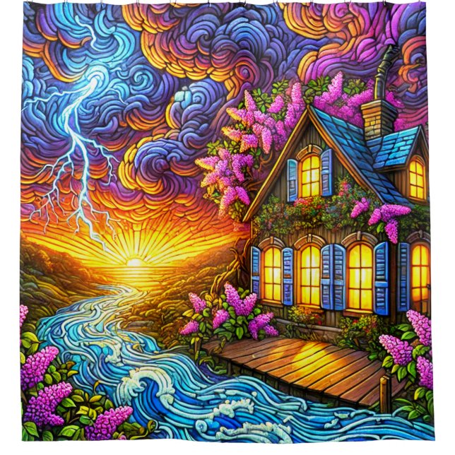 Sunset Cottage Scene Shower Curtain (Front)