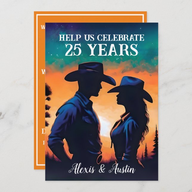 Sunset Cowboy and Cowgirl 25th Anniversary  Invitation (Front/Back)