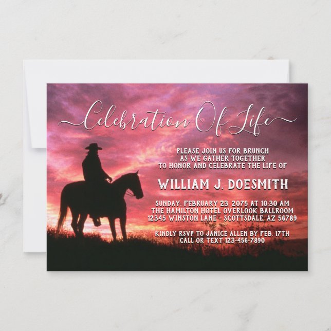 Sunset Cowboy Horse Memorial Funeral Service Invitation (Front)