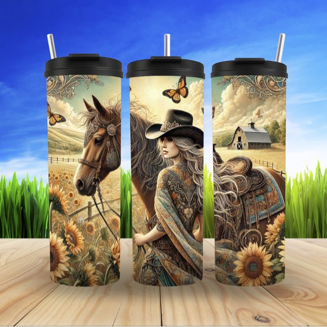 Sunset Cowgirl in Bloom Thermal Tumbler (Creator Uploaded)