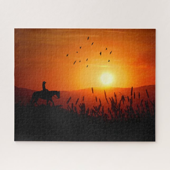 Sunset Cowgirl on a Horse Meadow Ride Western Jigsaw Puzzle (Horizontal)