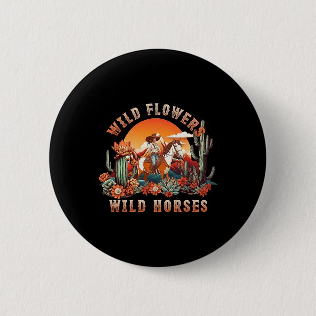 Sunset Cowgirl Riding Horse Wild Flowers - Wild Ho 6 Cm Round Badge (Front)