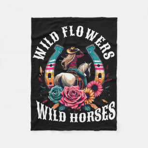 Sunset Cowgirl Riding Horse Wild Flowers - Wild Ho Fleece Blanket
