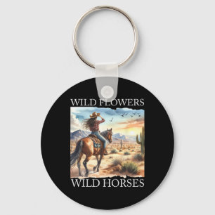 Sunset Cowgirl Riding Horse Wild Flowers - Wild Ho Key Ring